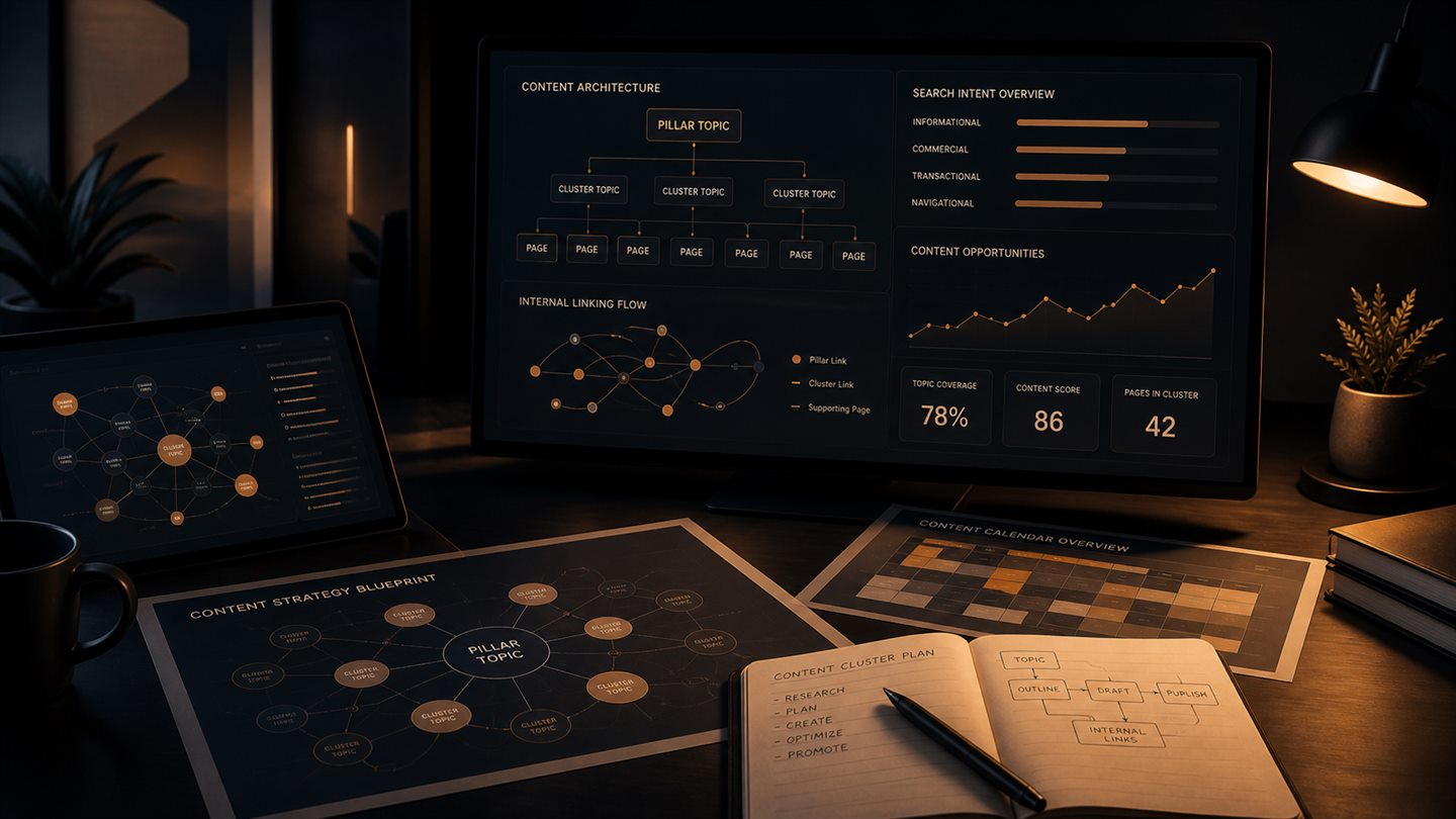 Dark editorial content strategy visual with search intent mapping, topic architecture, and internal linking systems