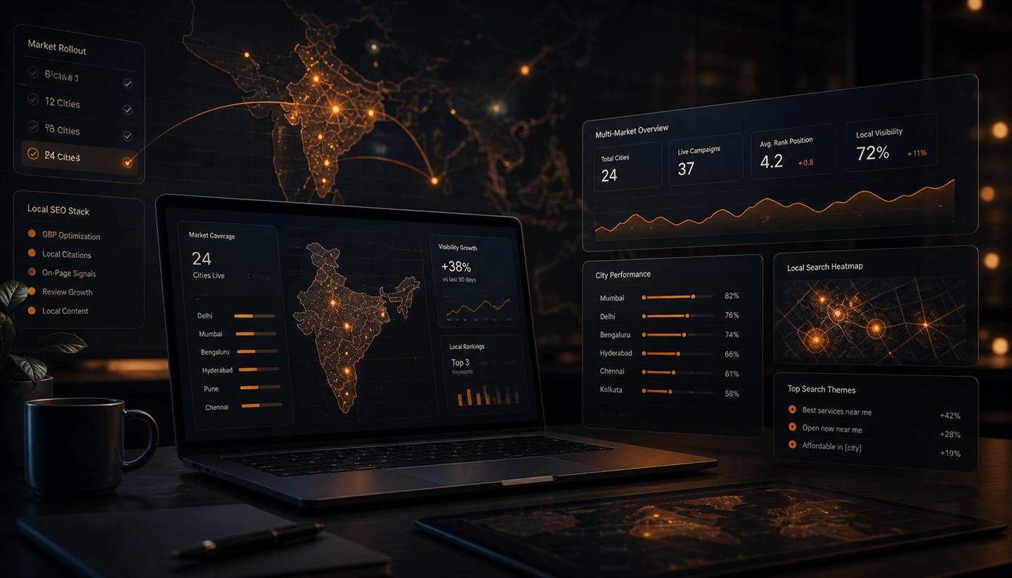Dark editorial local SEO expansion visual with city coverage maps and multi-market ranking dashboards