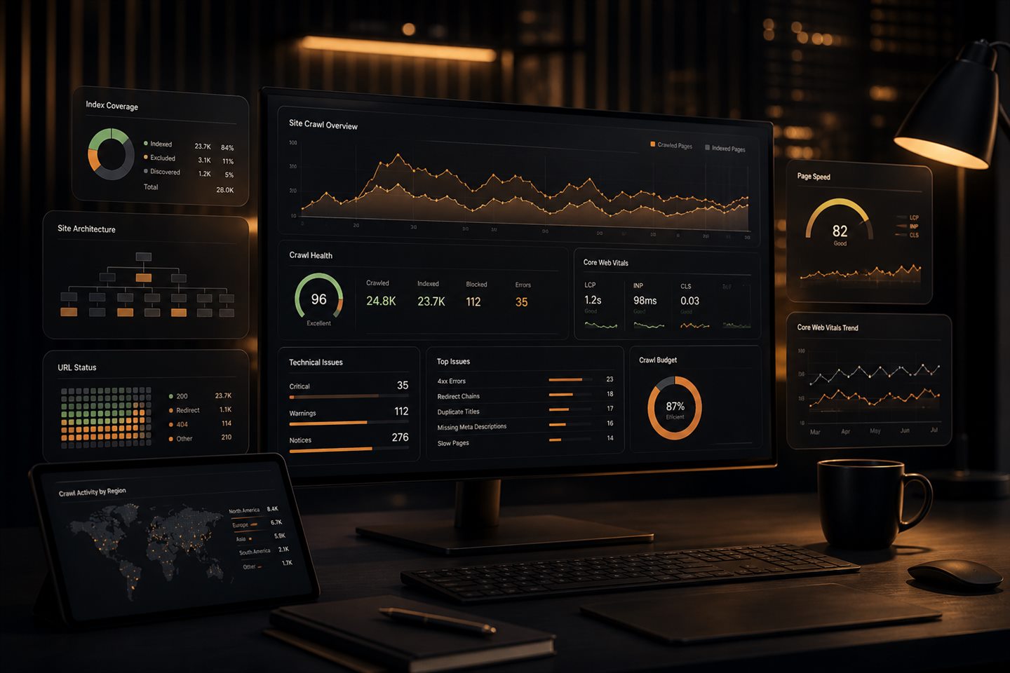 Dark editorial technical SEO system visual with crawl analytics, site architecture, and performance dashboards