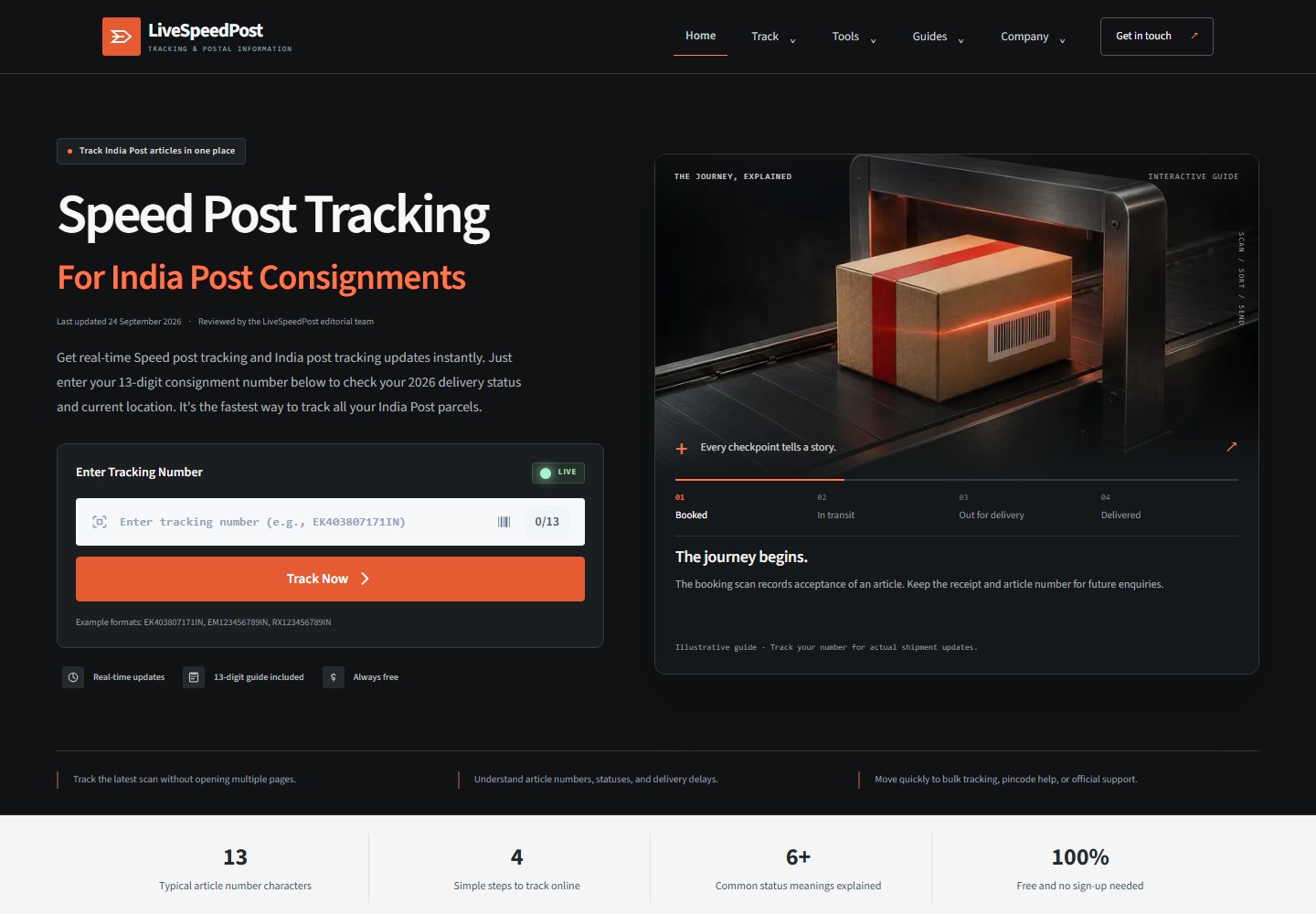 Live Speed Post homepage with a consignment tracking form and parcel journey illustration