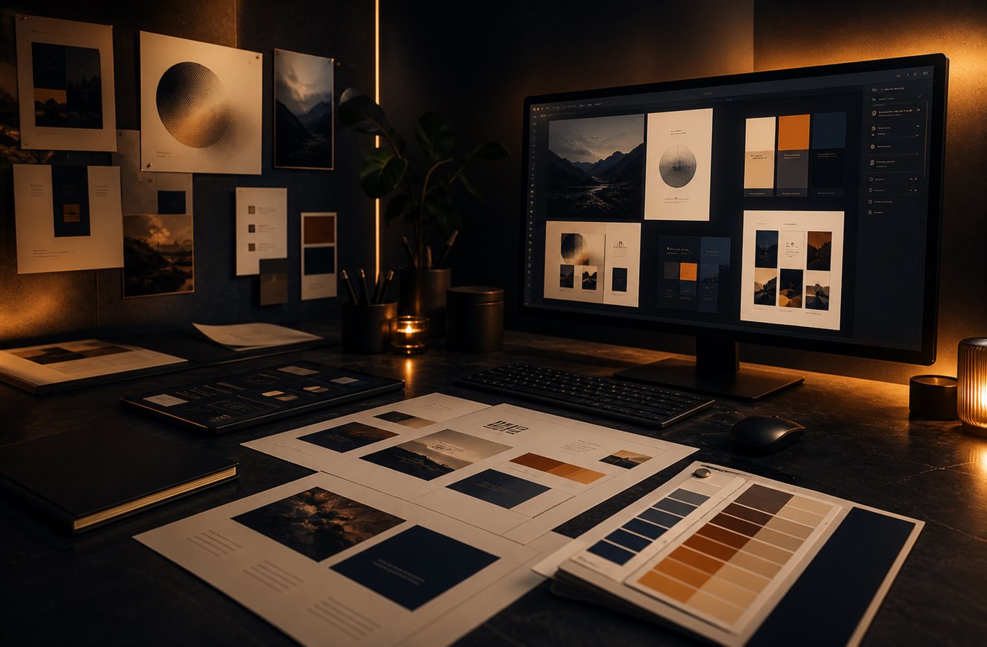 Dark cinematic brand design studio with typography boards, layout systems, and editorial mockups