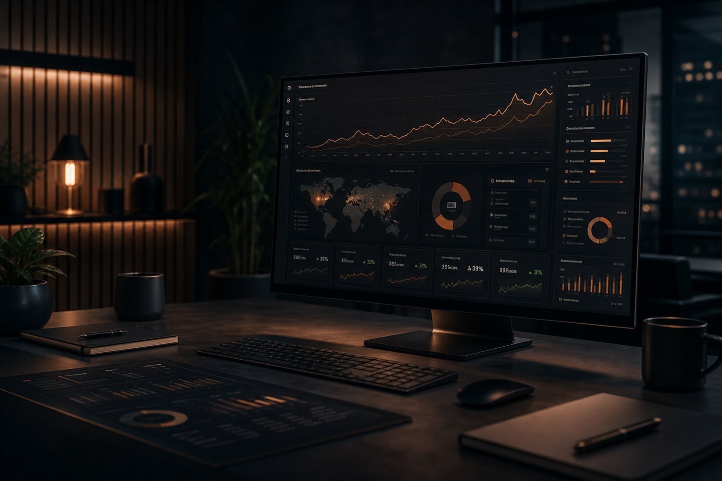 Dark cinematic SEO command center with ranking graphs and organic visibility dashboards