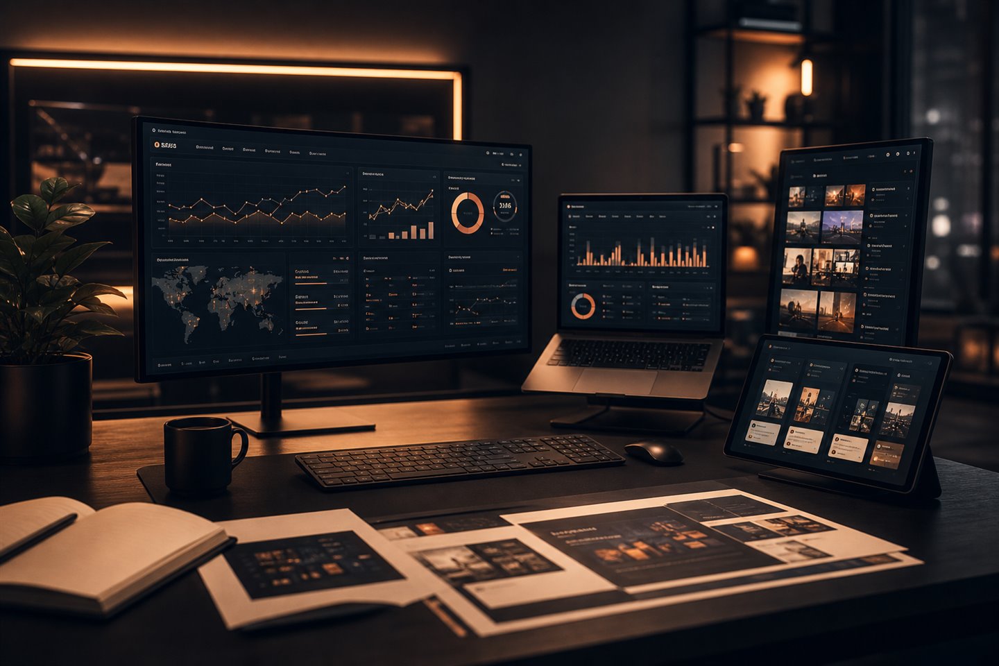 Dark cinematic campaign analytics workspace with social dashboards and audience growth screens