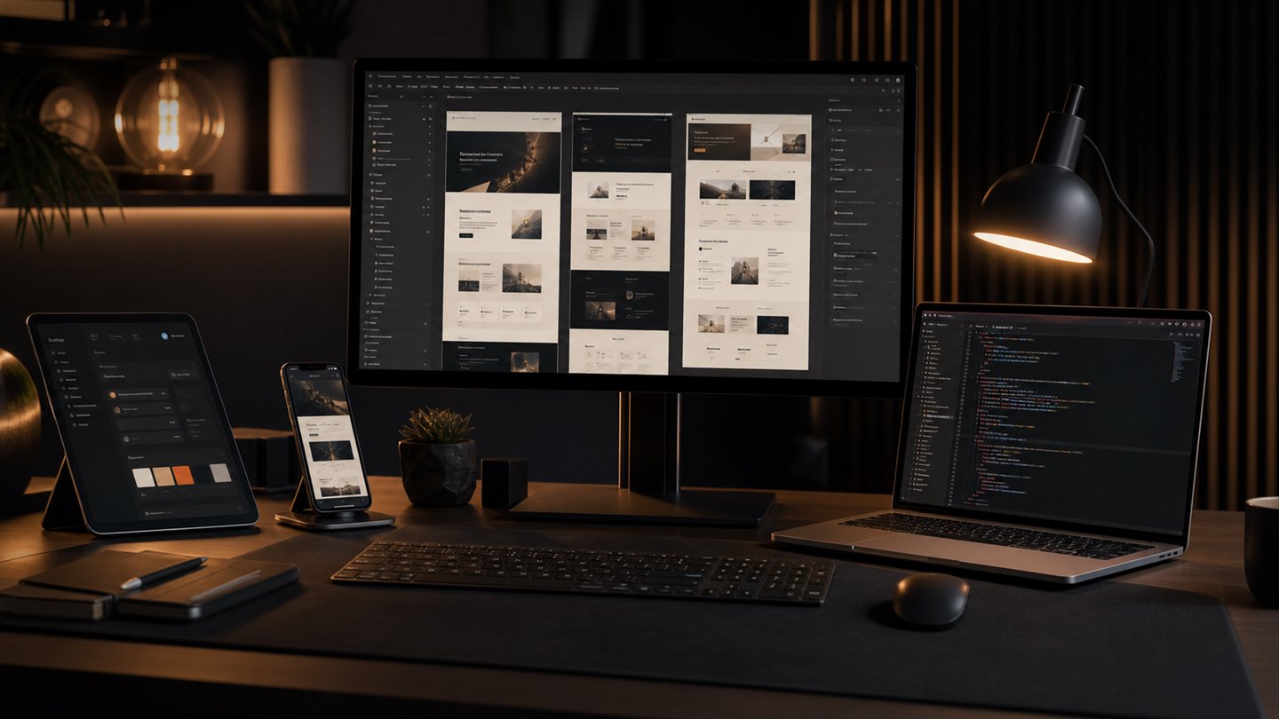 Dark cinematic web systems workspace with wireframes, responsive layouts, and code editor screens